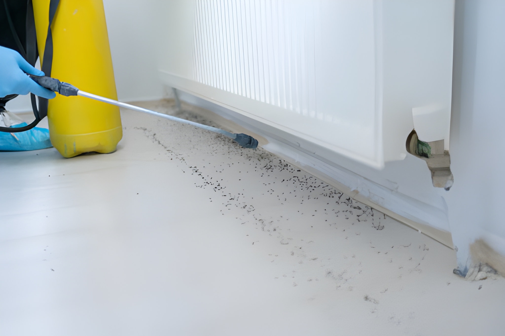 Mosquito control technician in Port St Lucie applying pesticide under a radiator to eliminate indoor pest infestation.