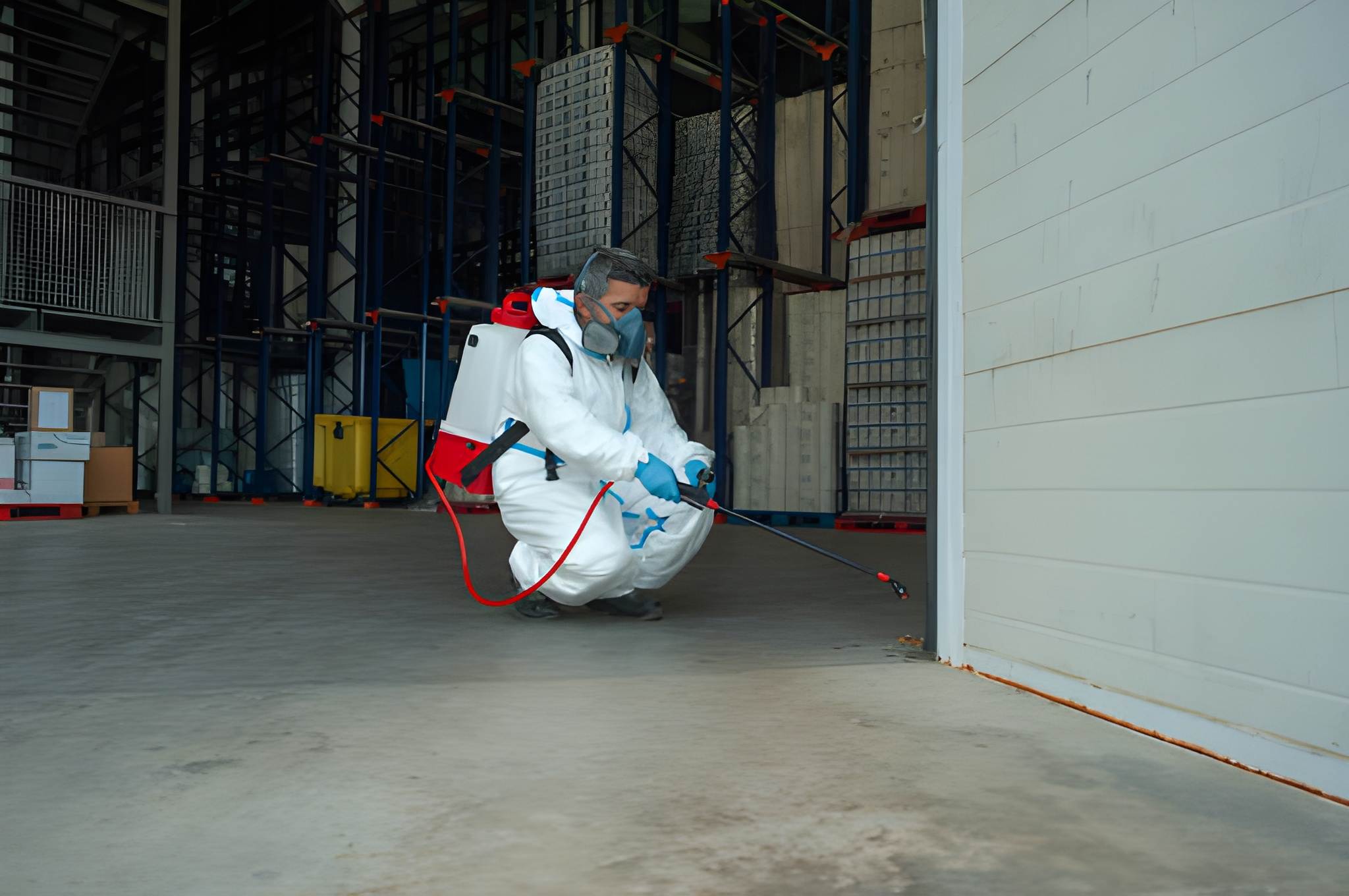 Commercial pest control Port St. Lucie technician in hazmat suit spraying warehouse wall near industrial shelving.