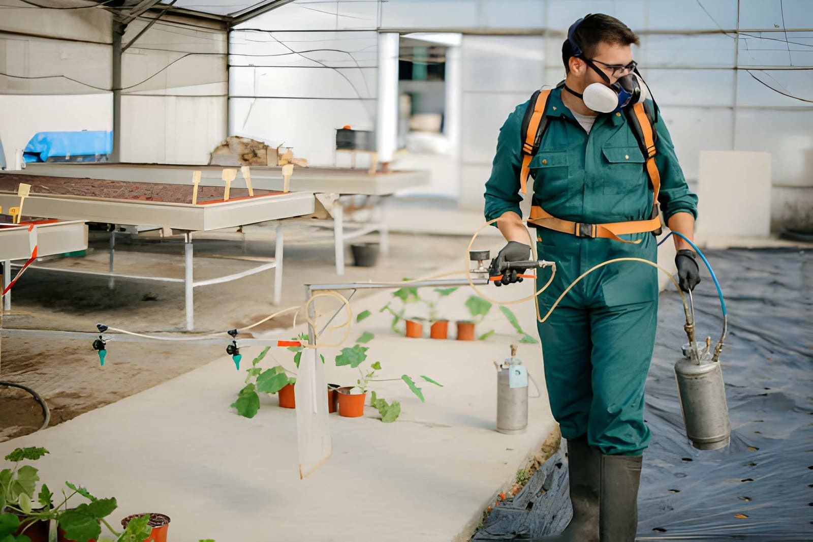 Pest control near me—worker in protective suit spraying plants inside greenhouse with pesticide sprayer.