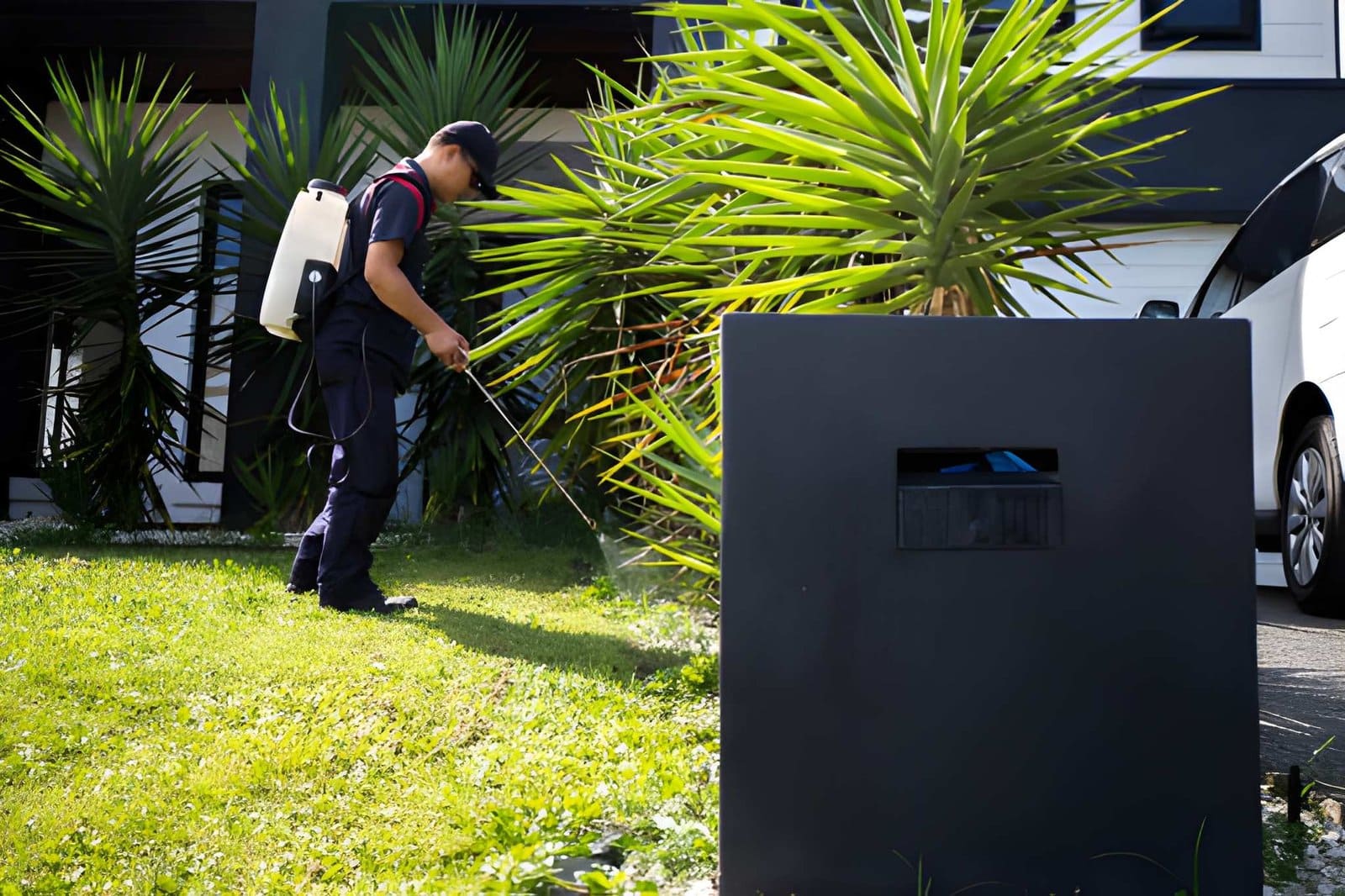 Martin County pest control—technician spraying residential lawn with backpack sprayer near modern home.