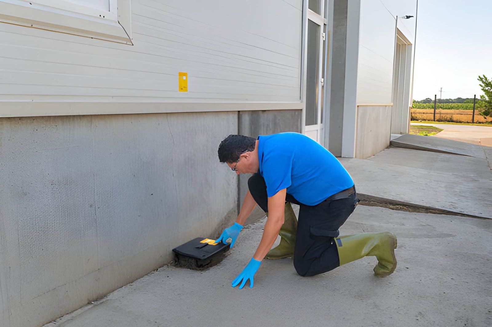 Rodent control services in Treasure Coast technician placing outdoor bait station near building wall.